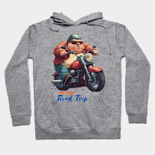 A fat man drives a motorcycle with fun. Hoodie